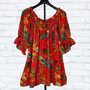 Red Floral Off Shoulder Top Ruffle Sleeve Plus Size